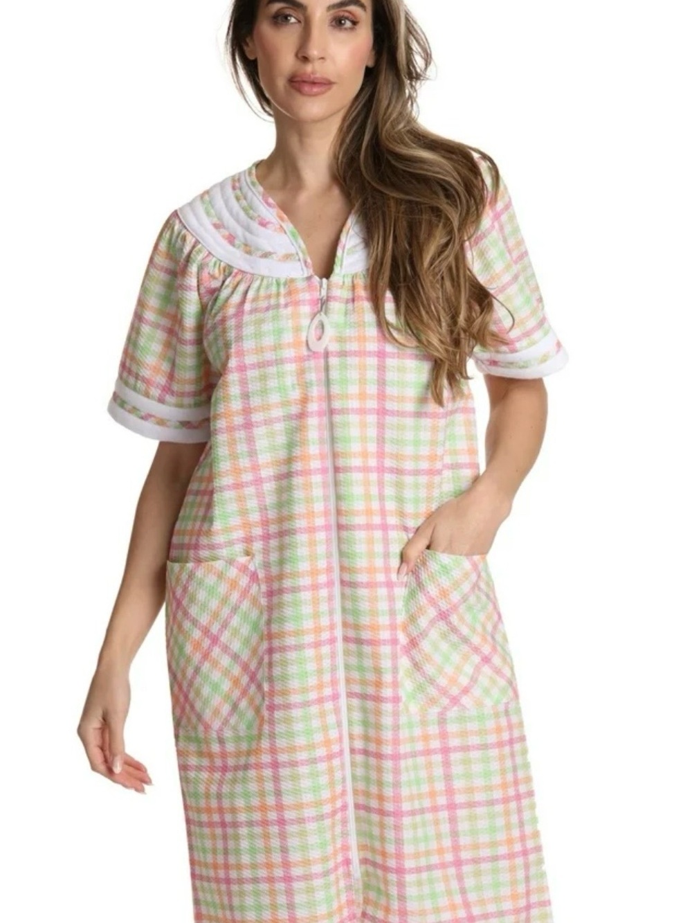 Dream Crest Pastel Plaid Zipper Muumuu Housecoat Lounge Dress Plus Size 3X NWOT